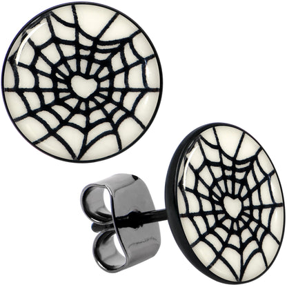 Black Anodized Steel Heart Spider Web Glow in the Dark Stud Earrings by Onyx O