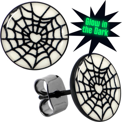Black Anodized Steel Heart Spider Web Glow in the Dark Stud Earrings by Onyx O