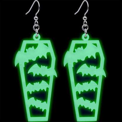 Glowing Bats Coffin Glow in the Dark Dangle Earrings by Onyx O