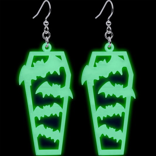 Glowing Bats Coffin Glow in the Dark Dangle Earrings by Onyx O
