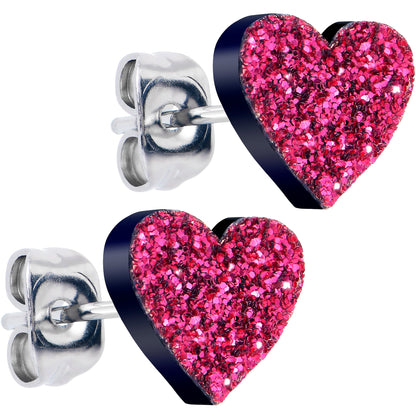 Glitter Heart Stud Earrings - Hypoallergenic