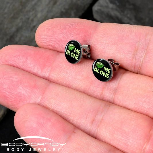 Black Green Leaf Me Alone Stud Earrings by Onyx O