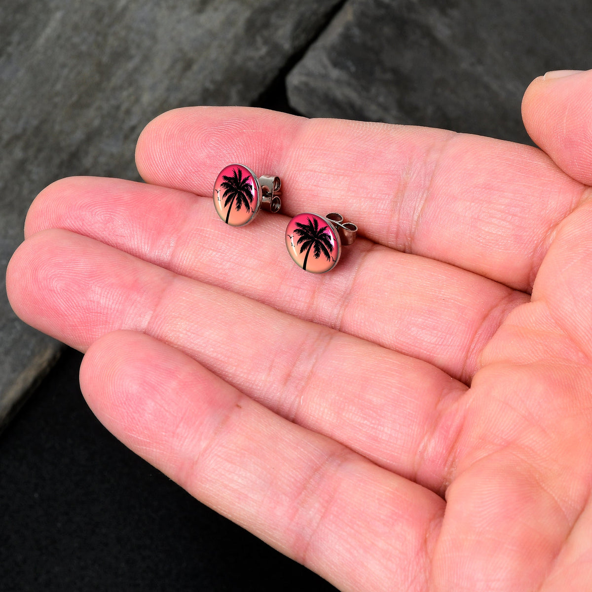 Red Sunset Palm Tree Stud Earrings by Onyx O