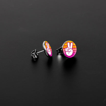 Retro Stripes Peace Sign Fingers Stud Earrings by Onyx O