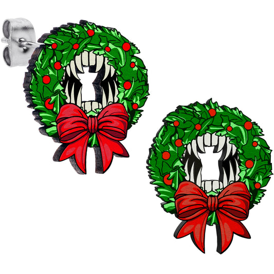 Handmade Wooden Vampire Wreath Holiday Christmas Stud Earrings by Onyx O