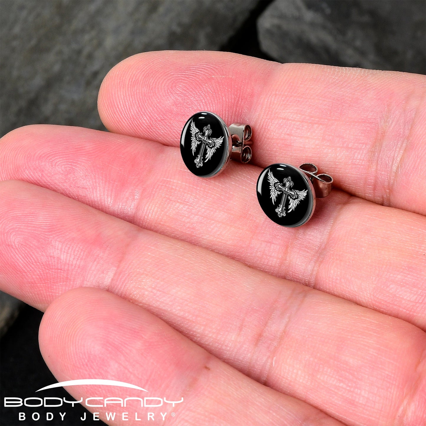 Black White Winged Cross Stud Earrings by Onyx O