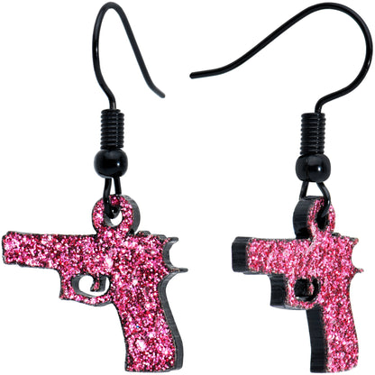 Pink Glitter Gun Fishhook Dangle Earrings