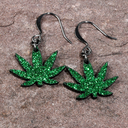 Green Glitter Marijuana Pot Leaf Dangle Earrings
