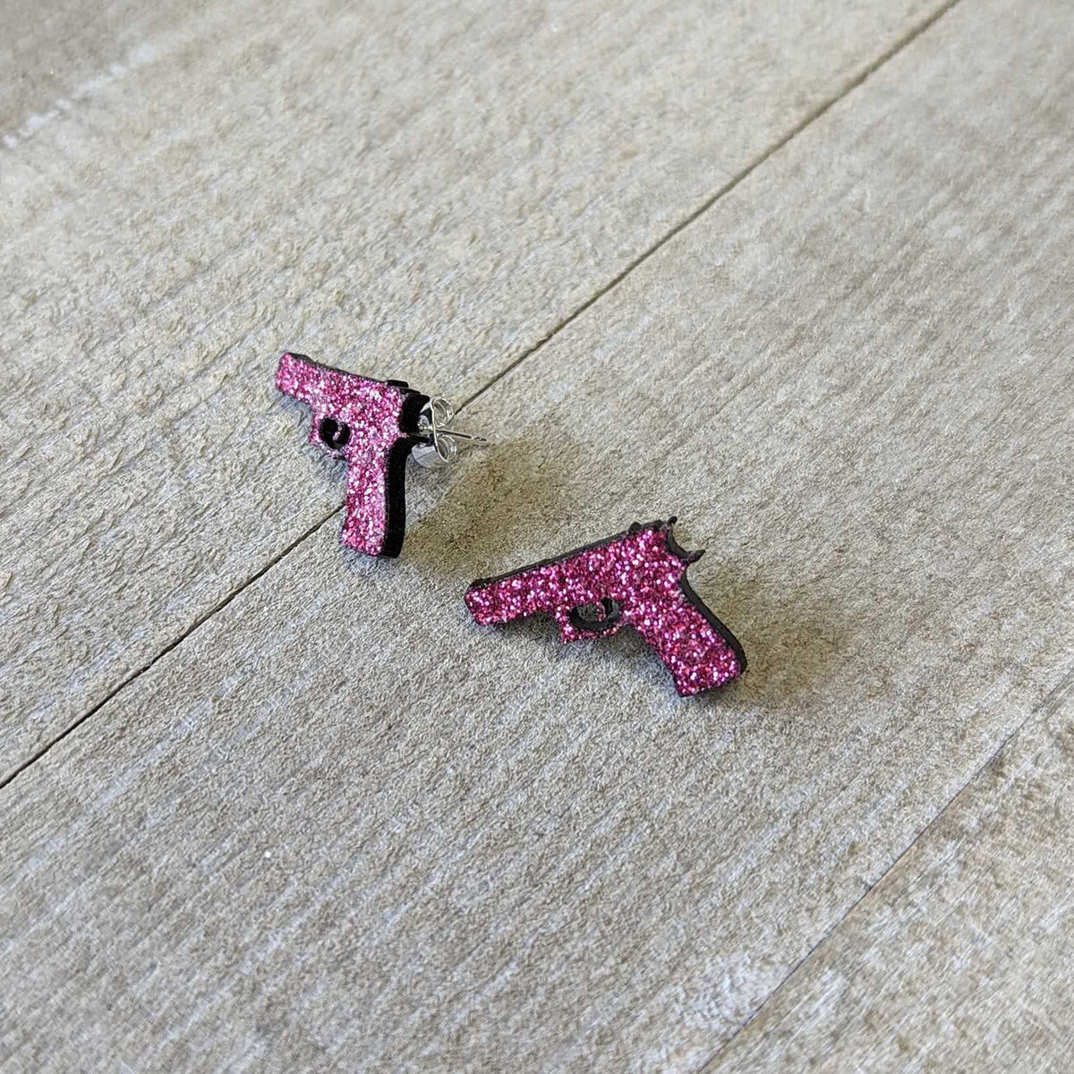 Pink Glitter Gun Stud Earrings Set