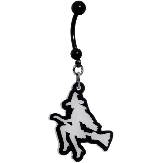 Glow in the Dark Halloween Flying Witch on Broom Dangle Belly Ring