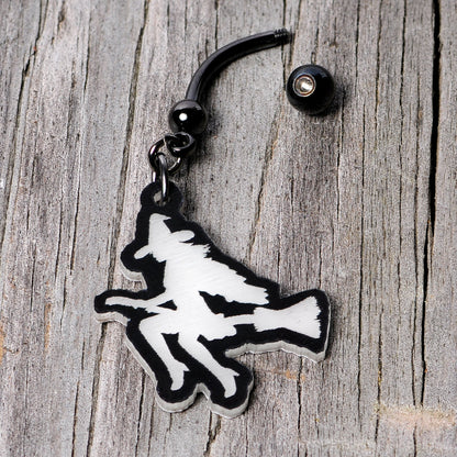 Glow in the Dark Halloween Flying Witch on Broom Dangle Belly Ring