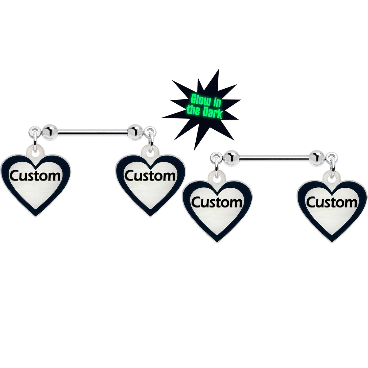 Custom Heart Glow in the Dark Double Personalized Name Dangle Nipple Ring Set