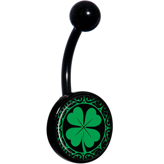 Green St Patricks Day Shamrock Black Belly Ring