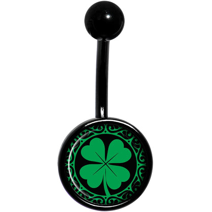 Green St Patricks Day Shamrock Black Belly Ring