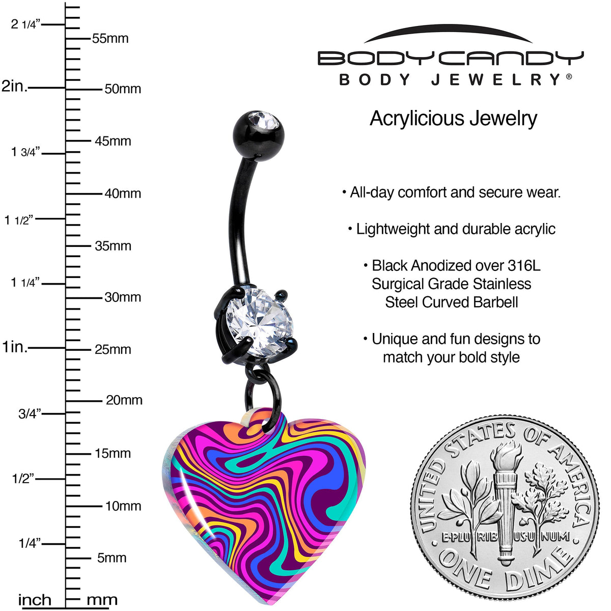 Black Double Gem Swirling Heart Dangle Belly Ring by Onyx O