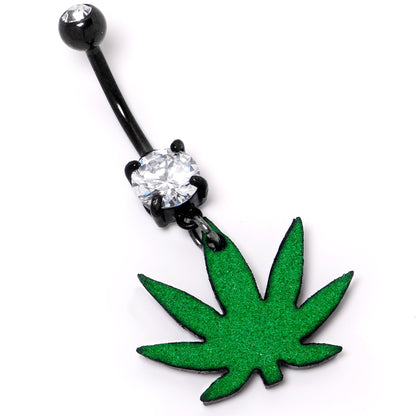 Double Gem Green Marijuana Pot Leaf Black Dangle Belly Ring