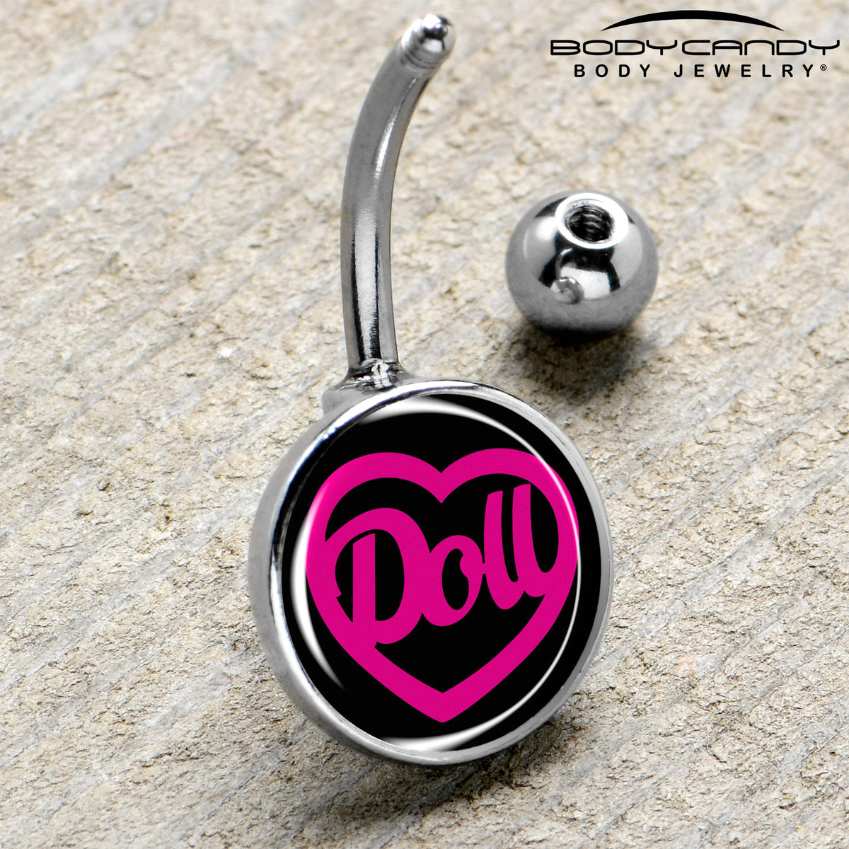 Hollow Heart Doll Word Belly Ring by Onyx O