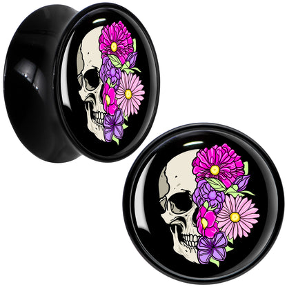 Floral Flowers Skull Black Acrylic Saddle Plug Set 8mm to 20mm by Onyx O