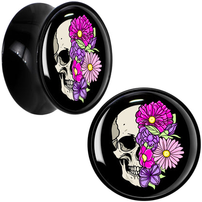 Floral Flowers Skull Black Acrylic Saddle Plug Set 8mm to 20mm by Onyx O