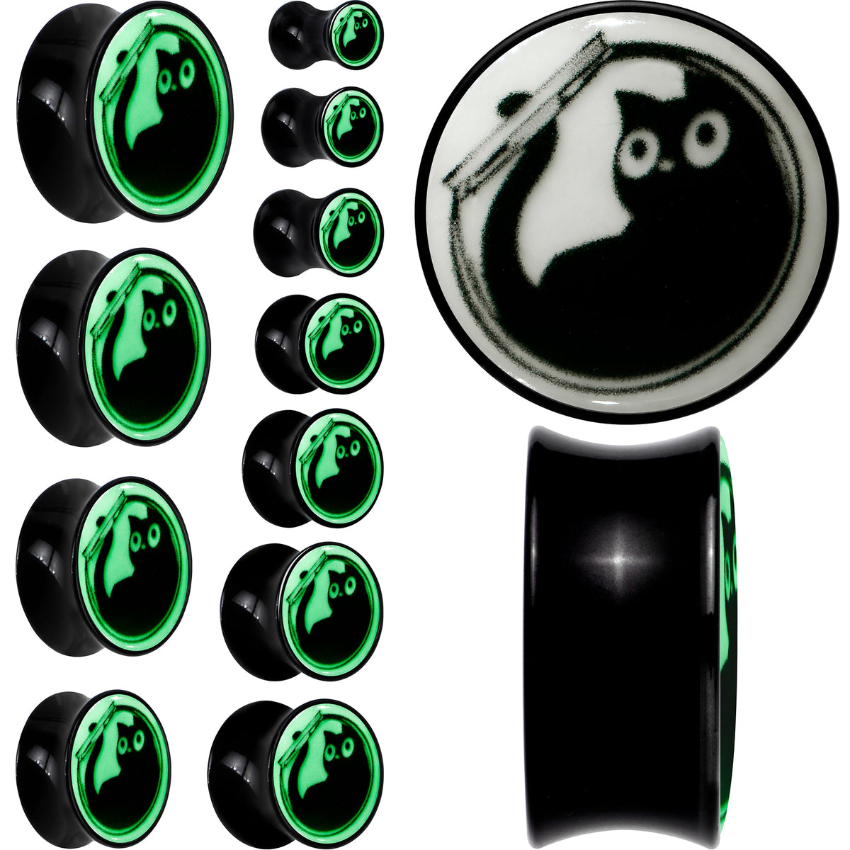 0G Glow in the Dark Fishbowl Kitty Cat Black Acrylic Saddle Plug Set by Onyx O