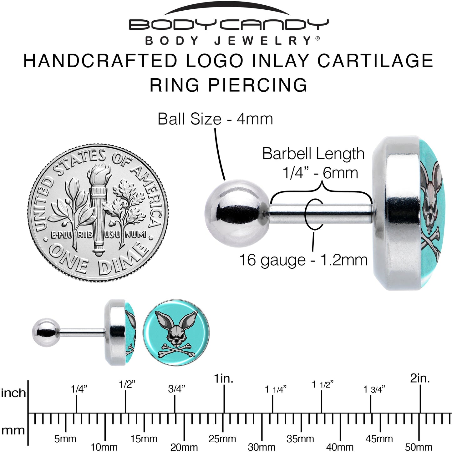 16G 1/4 Bunny and Crossbones Tragus Cartilage Earring by Onyx O