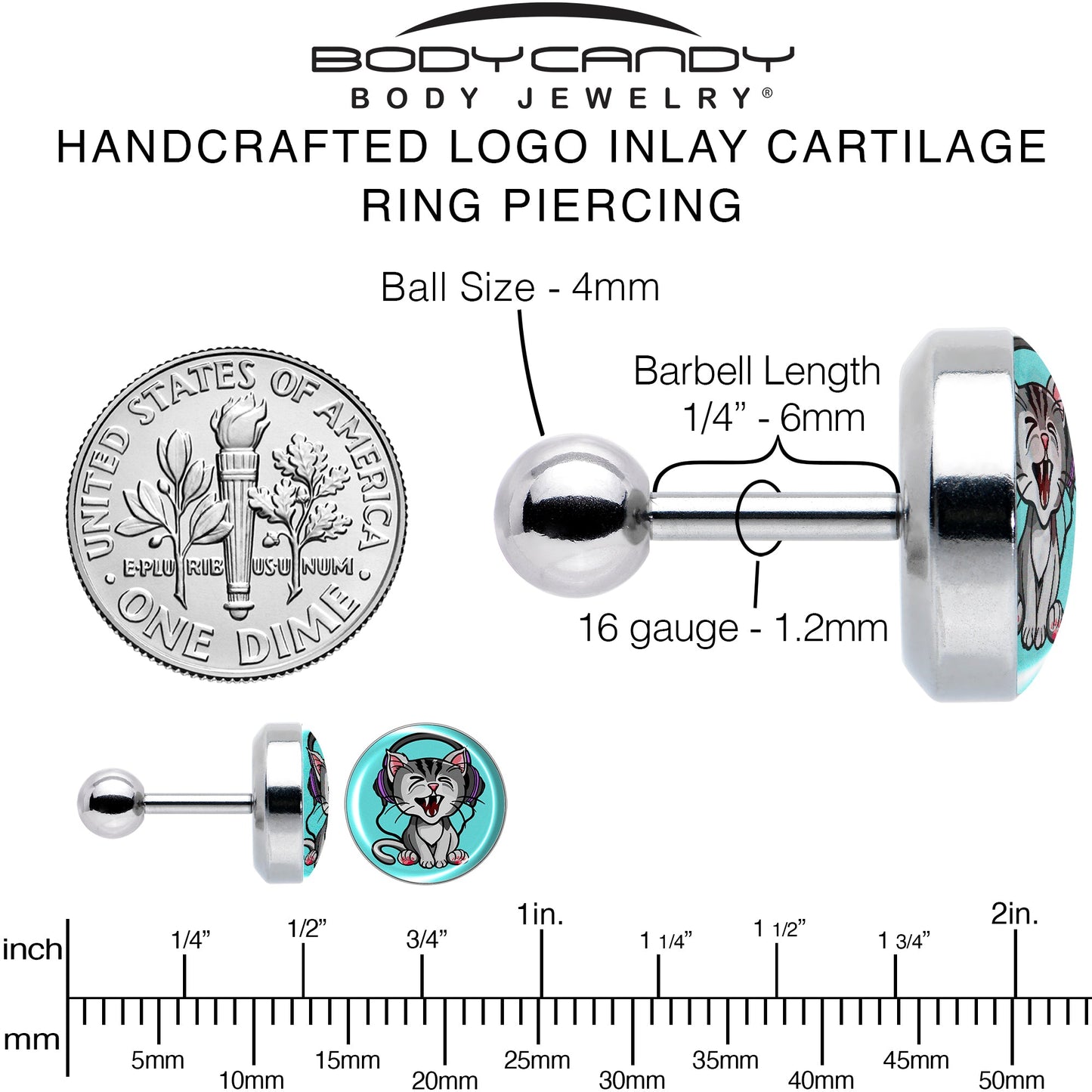 16G 1/4 Heavy Metal Kitty Cat Tragus Cartilage Earring by Onyx O