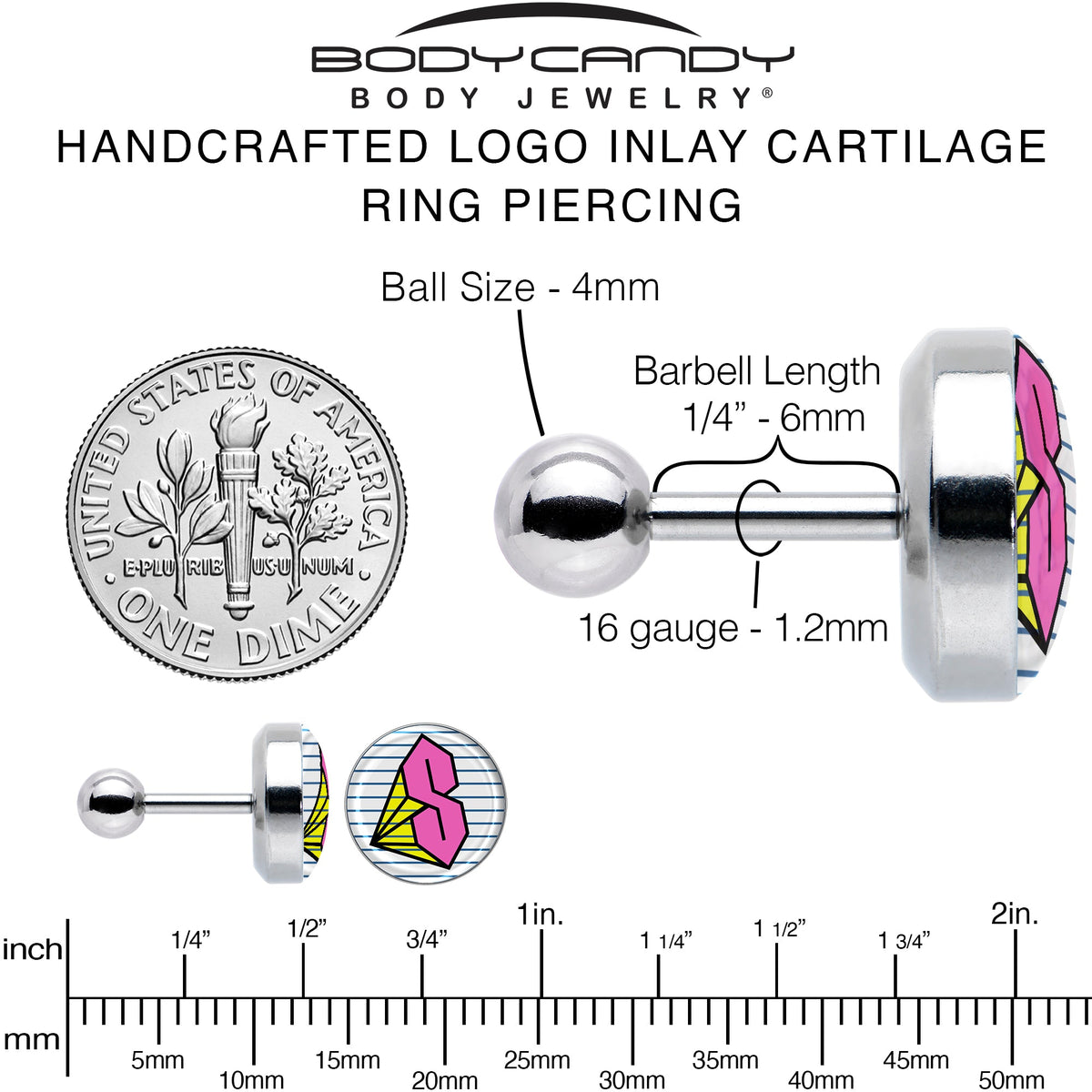 16G 1/4 Hot Pink Cool S Tragus Cartilage Earring by Onyx O