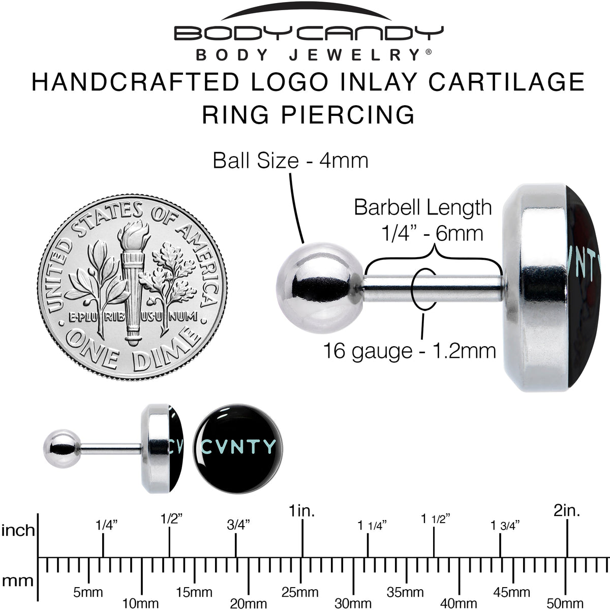 16G 1/4 Phrase Logo CVNTY Tragus Cartilage Earring by Onyx O