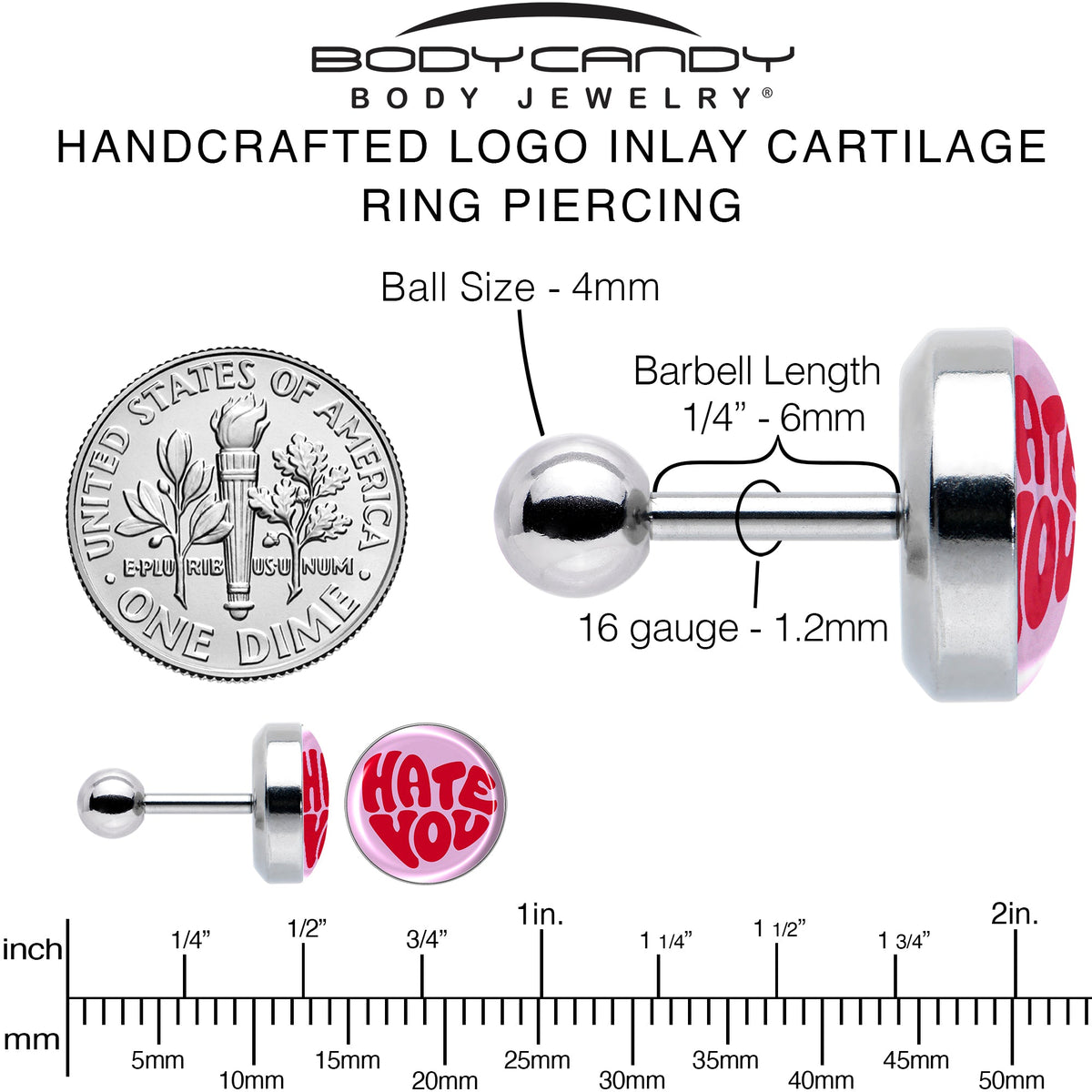 16G 1/4 Retro Text Hate You Tragus Cartilage Earring by Onyx O