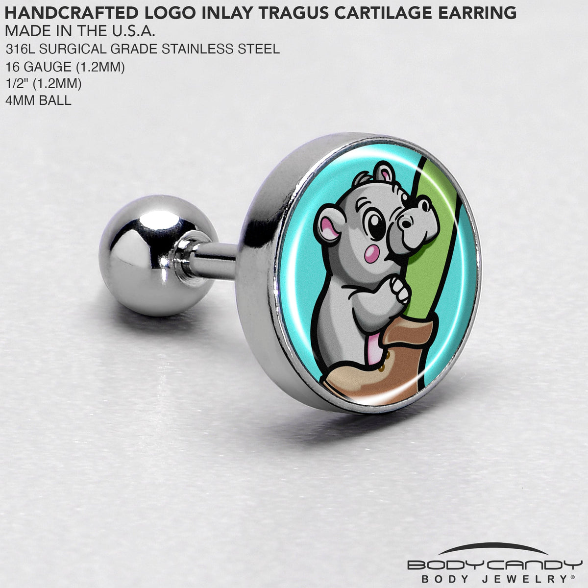 16G 1/4 Cute Biting Baby Hippo Cartilage Tragus Earring
