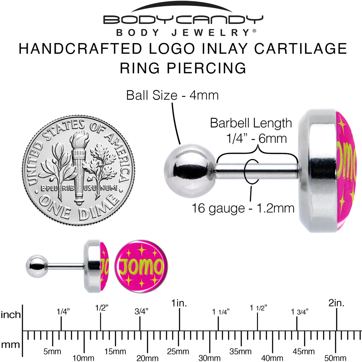 16G 1/4 Pink JOMO Tragus Cartilage Earring by Onyx O