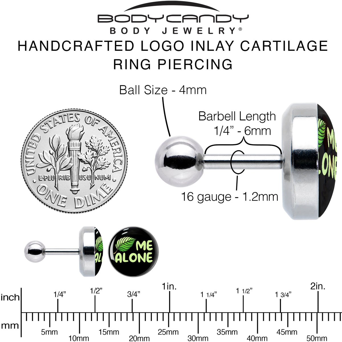 16G 1/4 Black Green Leaf Me Alone Tragus Cartilage Earring by Onyx O