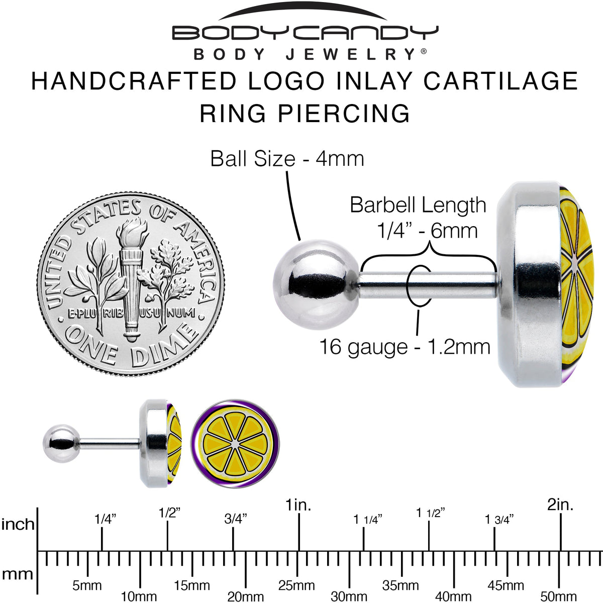 16G 1/4 Yellow Slice of Lemon Tragus Cartilage Earring by Onyx O