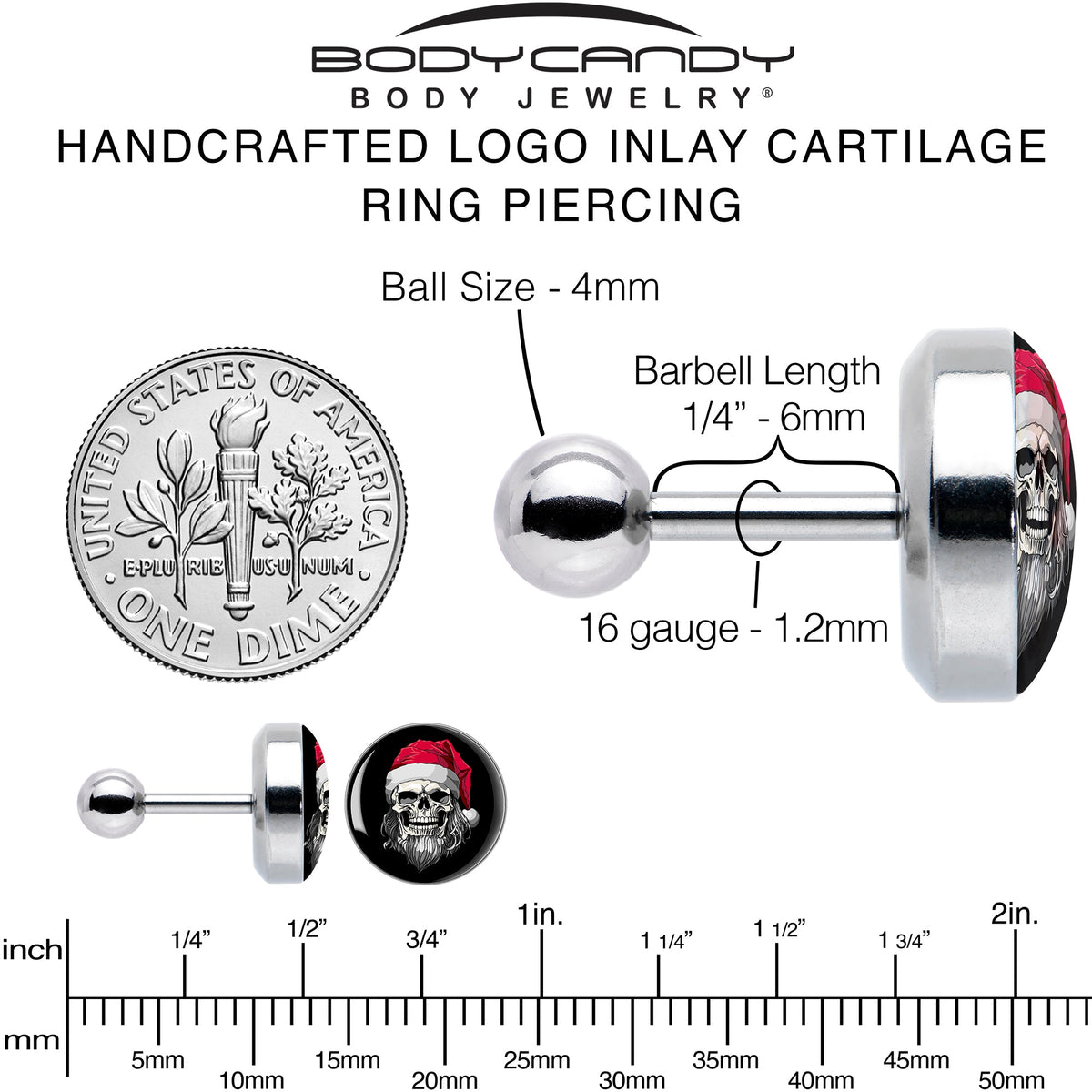 16G 1/4 Holiday Skeleton Santa Claus Tragus Cartilage Earring by Onyx O