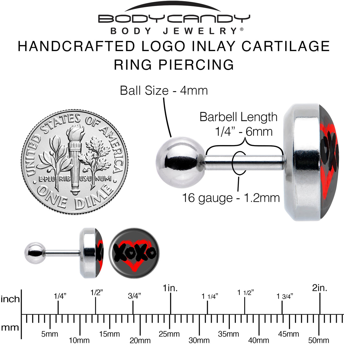 16G 1/4 XOXO Heart Tragus Cartilage Earring by Onyx O