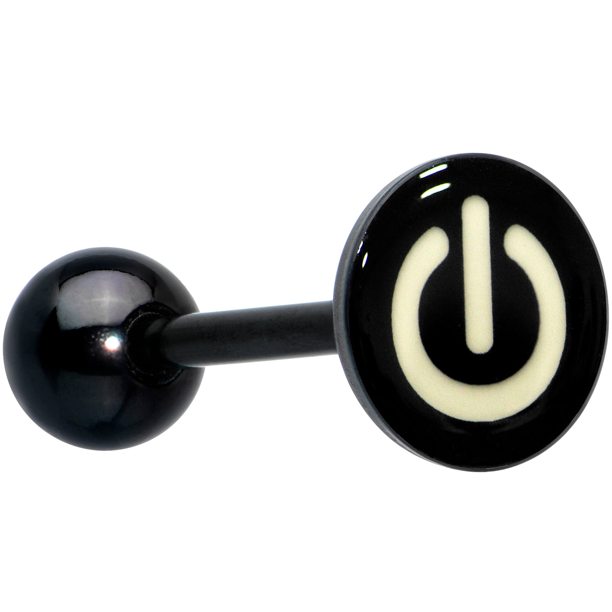 Power Button Glow in the Dark Black Anodized Barbell Tongue Ring