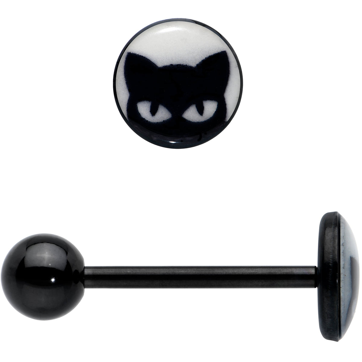 Glow in the Dark Black Anodized Peeking Black Cat Barbell Tongue Ring by Onyx O