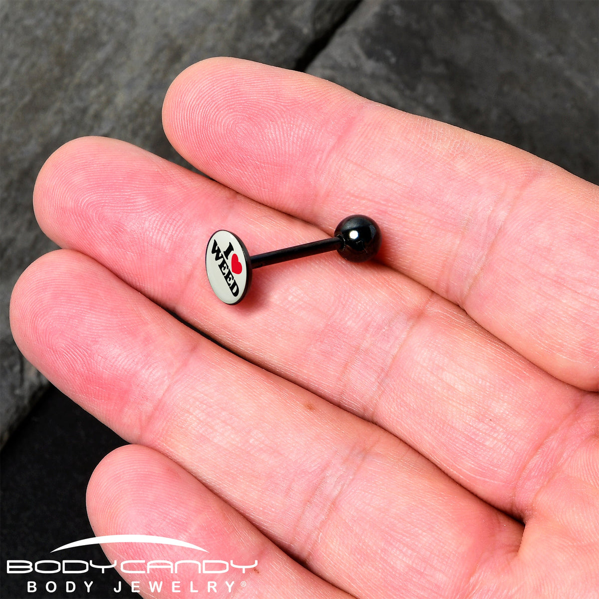 Glow in the Dark Black Anodized I Love Weed Barbell Tongue Ring by Onyx O