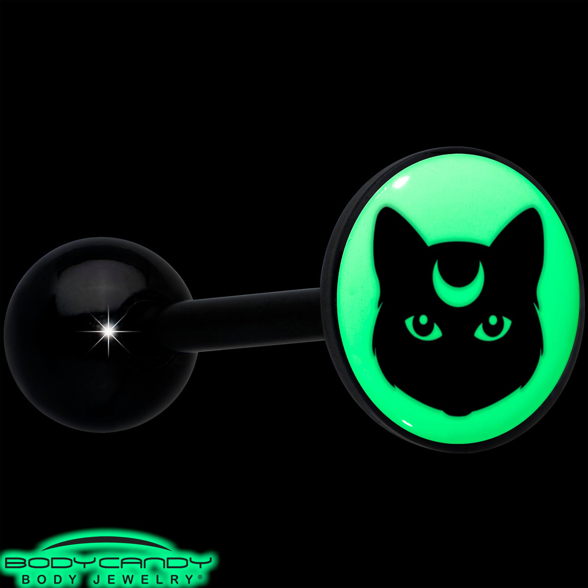 Glow in the Dark Black Anodized Mystic Kitty Cat Barbell Tongue Ring by Onyx O