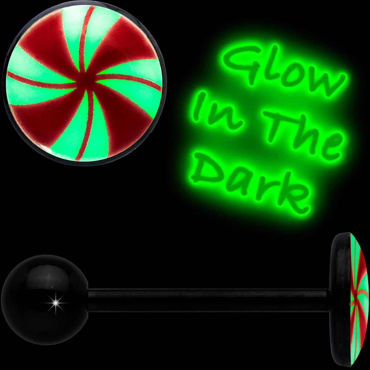 Glow in the Dark Black Anodized Holiday Peppermint Candy Barbell Tongue Ring by Onyx O