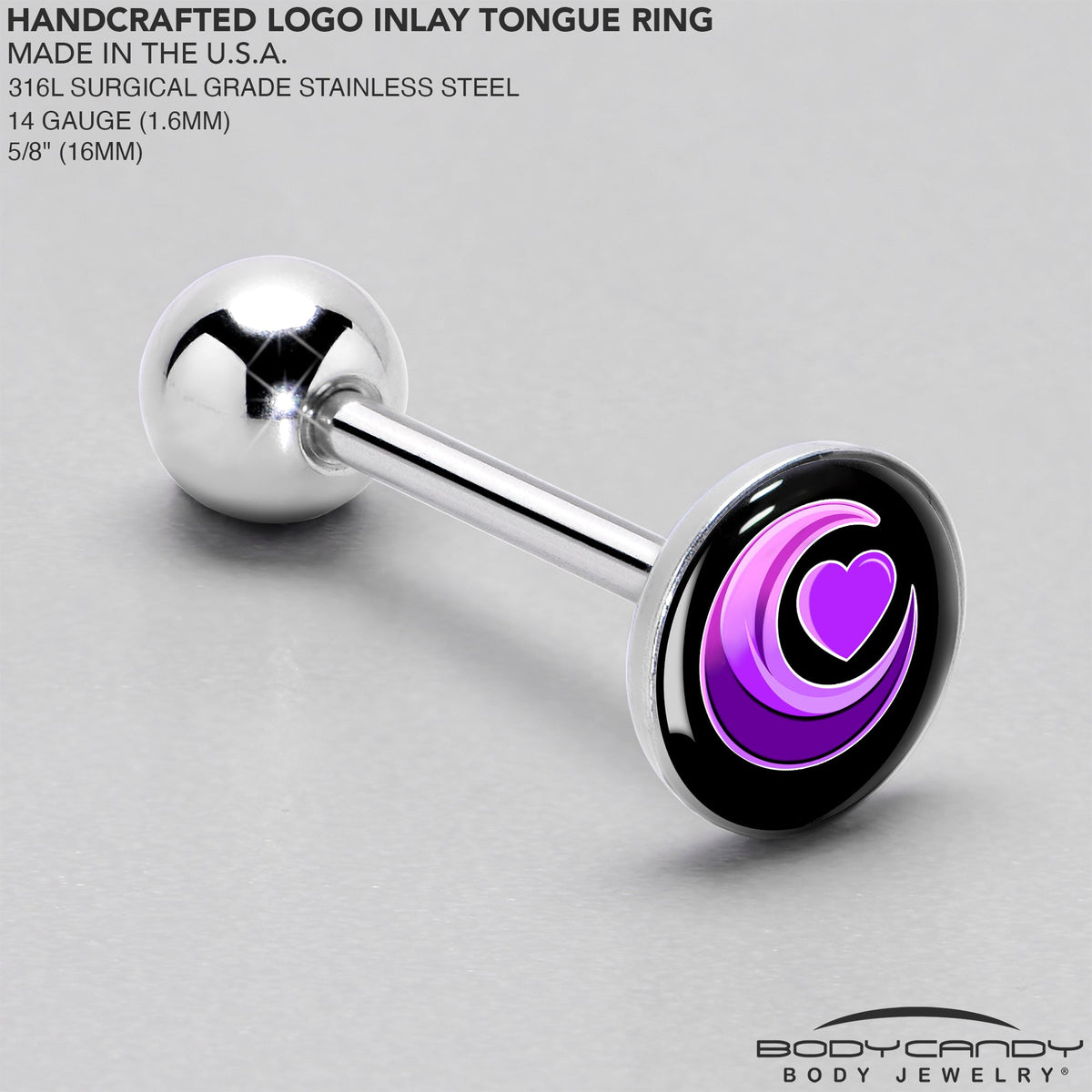 Crescent Moon Heart Barbell Tongue Ring by Onyx O