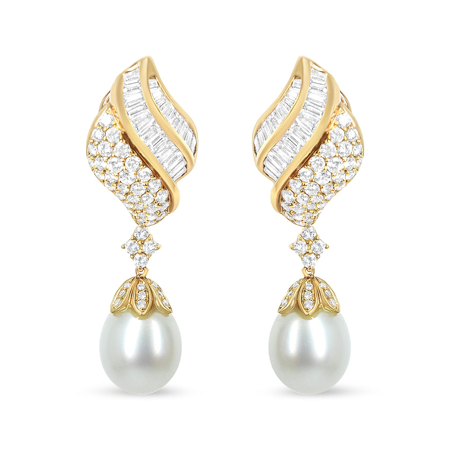 18k Yellow Gold 7.0 Cttw Baguette and Round Diamond South Sea Pearl Drop Dangle Clip-On Earrings (F-G Color, VS1-VS2 Clarity)