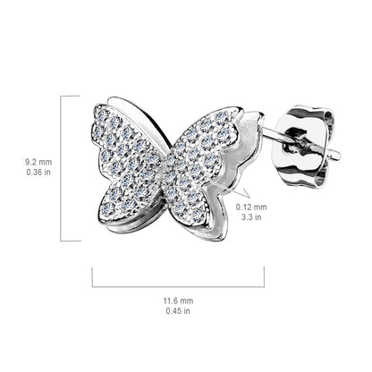 925 Silver CZ Paved Layered Butterfly Stud Earrings