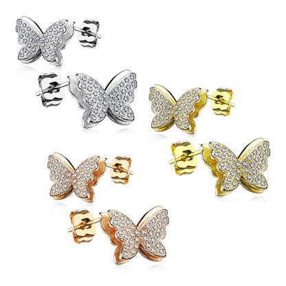 925 Silver CZ Paved Layered Butterfly Stud Earrings