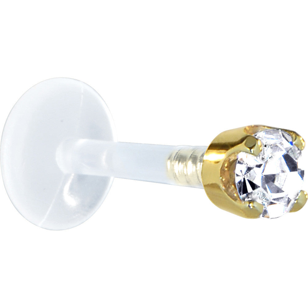 16G 5/16 Solid 14K Yellow Gold 3mm Clear Cubic Zirconia Bioplast Tragus Earring Stud