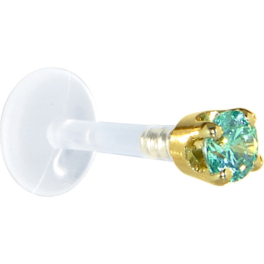 16G 5/16 Solid 14K Yellow Gold 3mm Mint Green Cubic Zirconia Bioplast Tragus Earring Stud