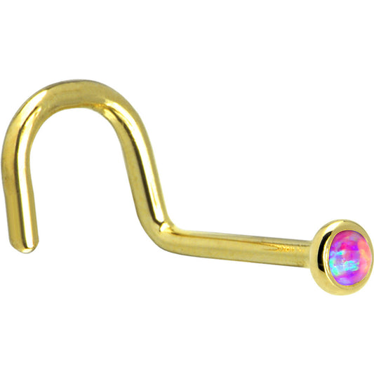 Solid 14K Yellow Gold 2mm Fuchsia Synthetic Opal Nose Ring