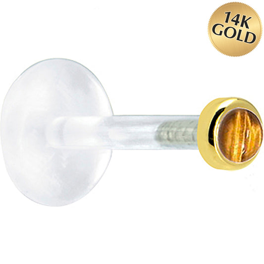 16G 1/4 Solid 14K Yellow Gold 2mm Genuine Tiger Eye Bioplast Tragus Earring Stud