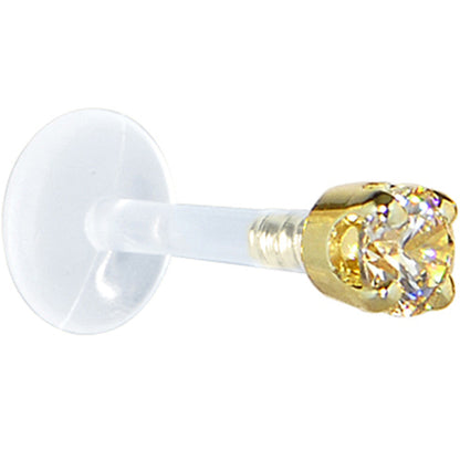 16G 1/4 Solid 14K Yellow Gold 3mm Champagne Cubic Zirconia Bioplast Tragus Earring Stud