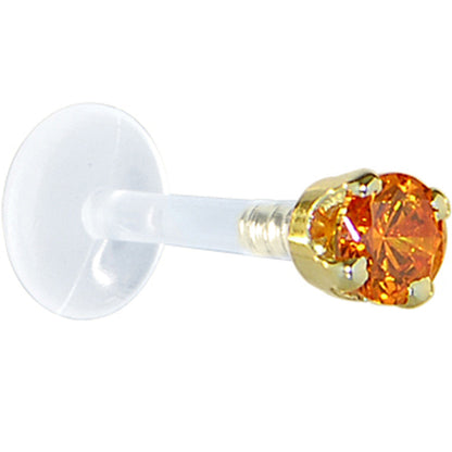16G 1/4 Solid 14K Yellow Gold 3mm Orange Cubic Zirconia Bioplast Tragus Earring Stud